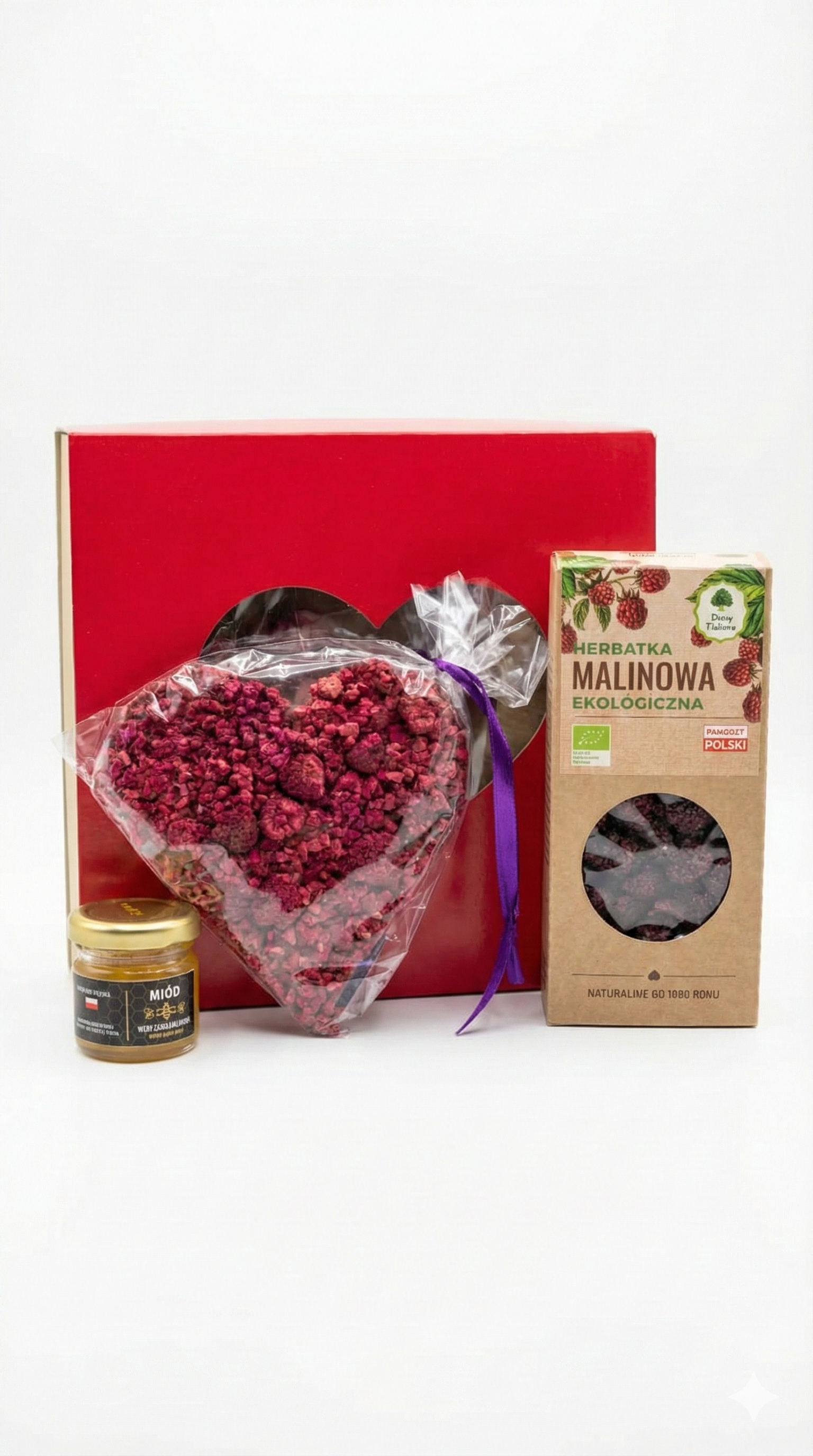 Zestaw Prezentowy "Malinowe Serce" – EKO Herbata, Czekolada Bez Cukru i Miód