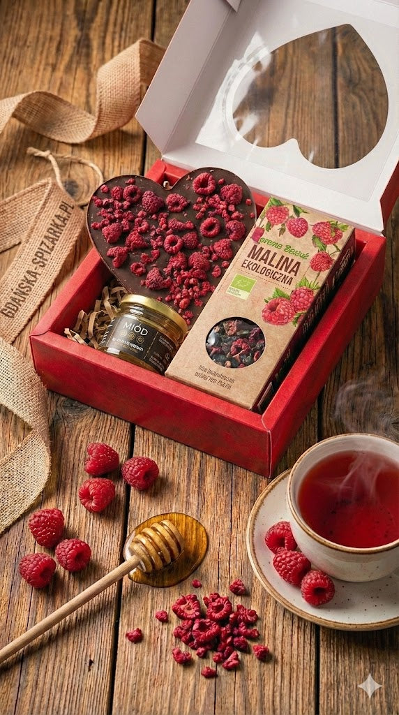 Zestaw Prezentowy "Malinowe Serce" – EKO Herbata, Czekolada Bez Cukru i Miód